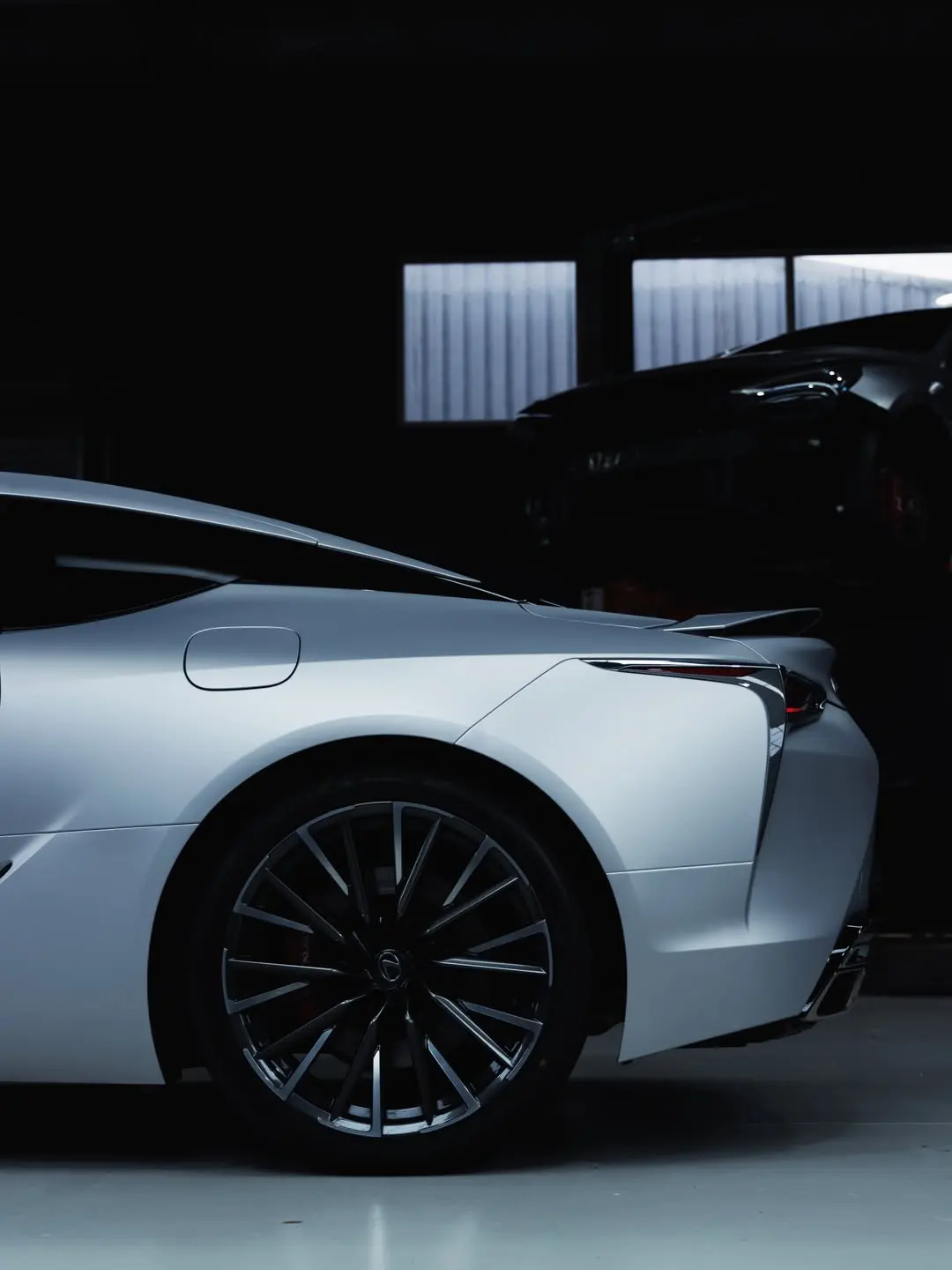 Lexus LC500, the side profile in the workshop.