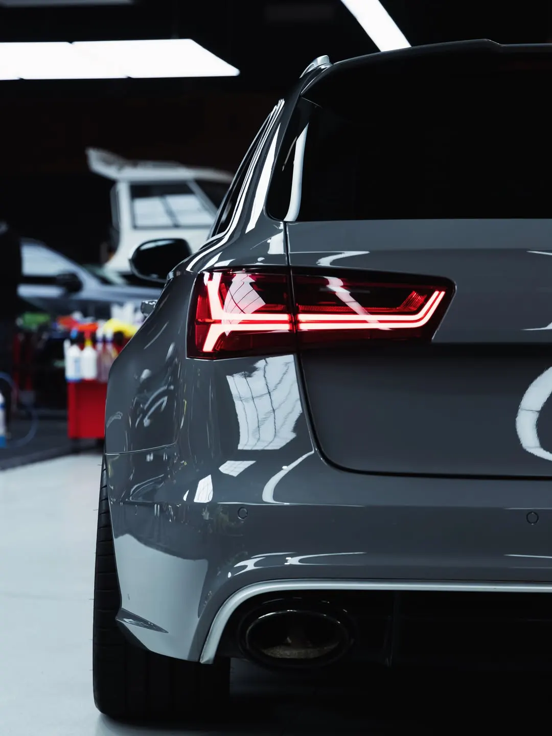 Audi RS6 under studio lighting after a full PPF wrap