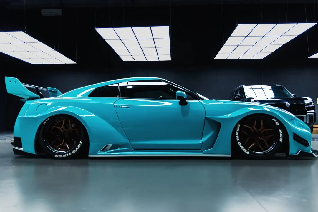 Liberty Walk Nissan GT-R in Caribbean Sea, side profile in the MAS Project workshop